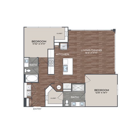 Floor plan for 2 beds, 2 baths, 1243 sqft